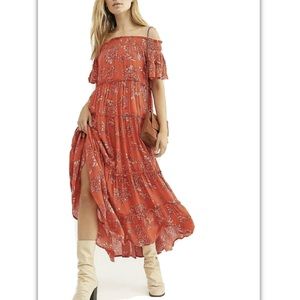 Free People Dress Maxi Off Shoulder Coral Tier M